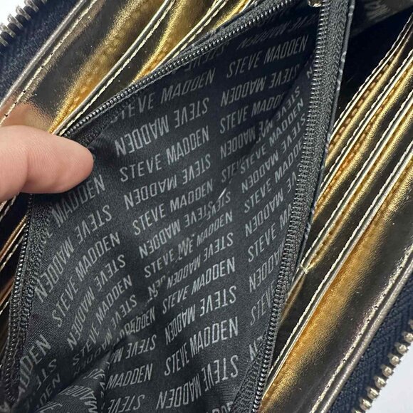 Steve Madden Navy Blue Embossed Logo Zip-Around Wallet with Gold Interior - Picture 6 of 9
